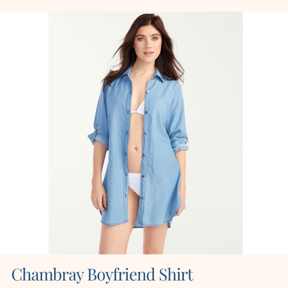 Tommy Bahama women’s  long sleeve chambray boyfriend shirt.